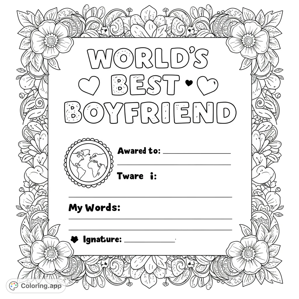 A customizable certificate template with a beautiful floral border, perfect for personal messages and awards. Free printable coloring page.