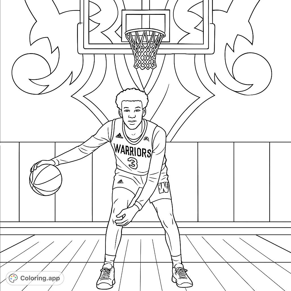 Dynamic basketball player dribbling on court with hoop background. A free printable sports coloring page for all ages.