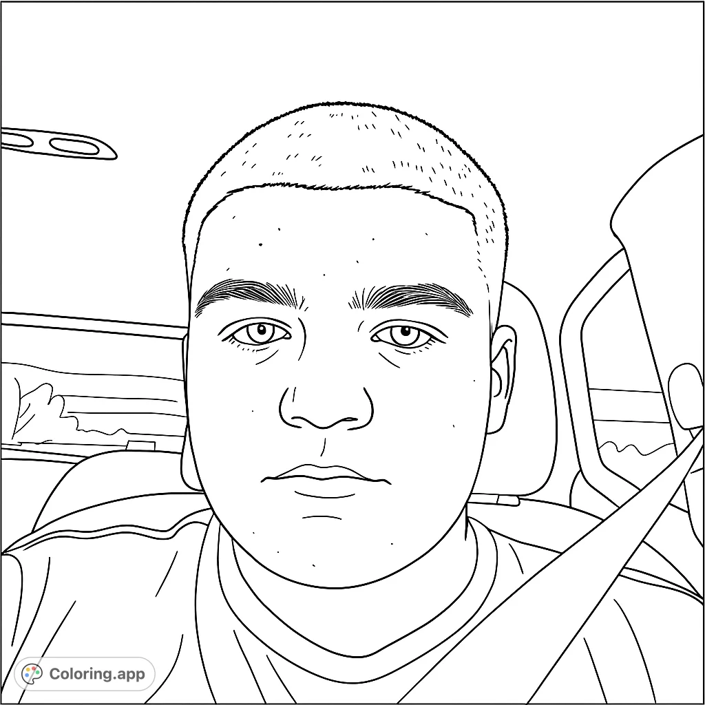 A detailed portrait of a young man in a car, featuring crisp lines for his buzz cut, expressive eyes, and a seatbelt. Perfect for a realistic portrait coloring page.