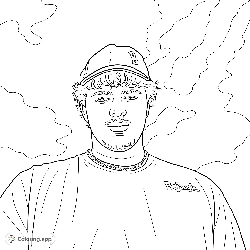 A cool young man in a baseball cap and t-shirt, ready for your creative colors. A free printable portrait coloring page for all ages.
