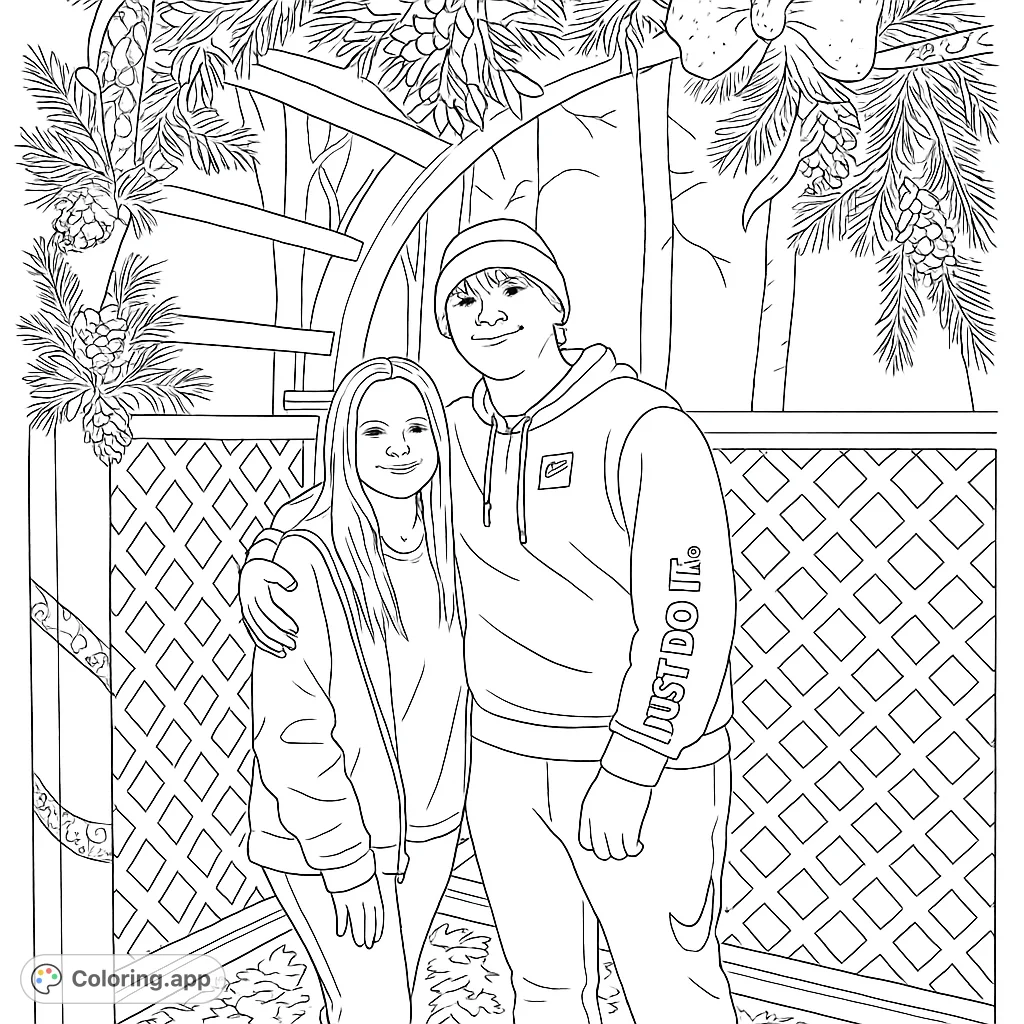 A heartwarming friendship coloring page featuring two smiling young people amidst a winter garden scene with pine branches and a lattice fence. Perfect for all ages.