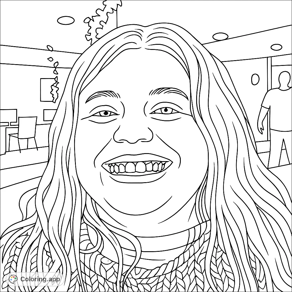 A joyful portrait of a smiling person with long wavy hair and a cozy knit sweater, set against a subtle indoor background. Perfect for expressive coloring.