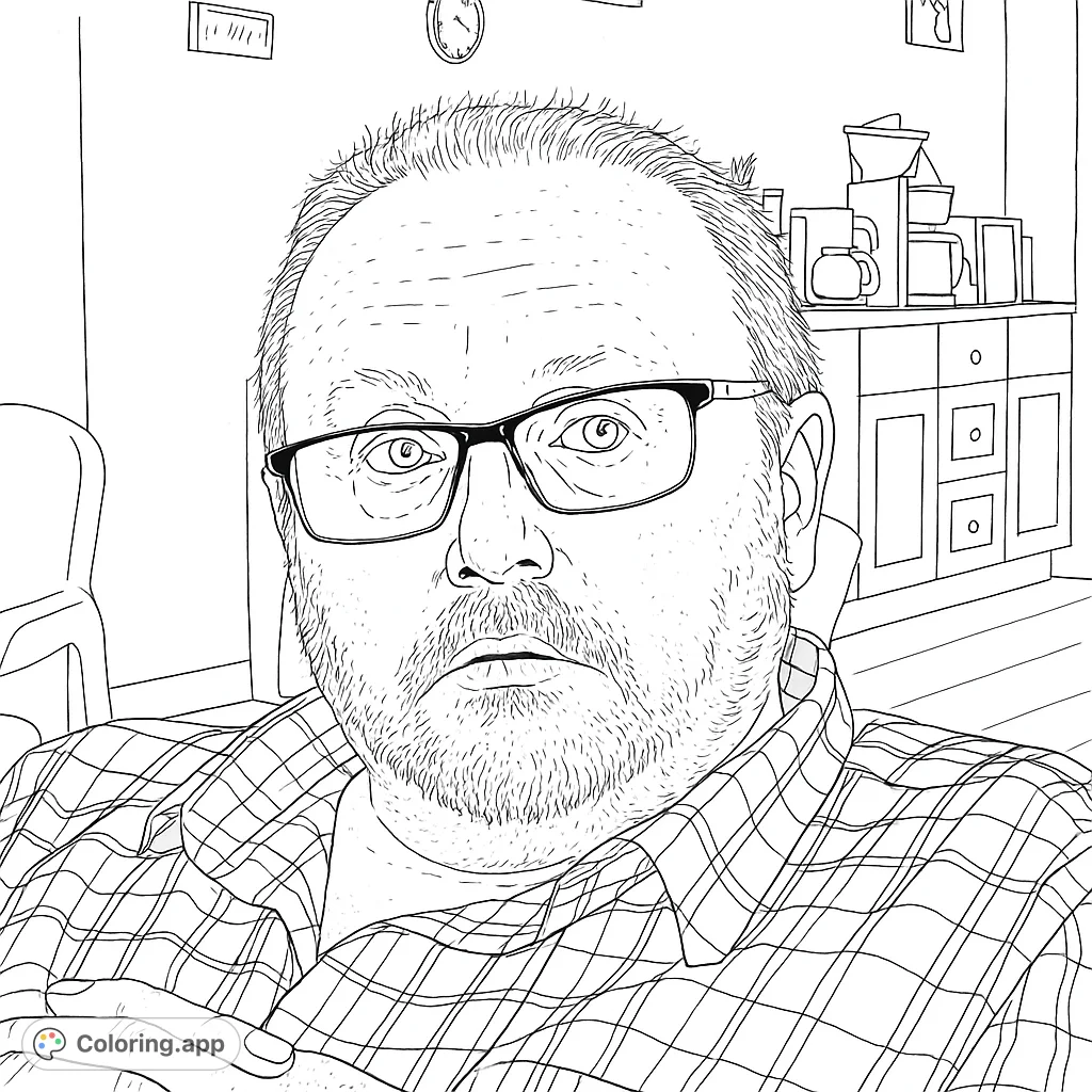 A detailed portrait of a man with glasses and a beard, wearing a plaid shirt, set in a cozy indoor scene. Perfect for realistic coloring.