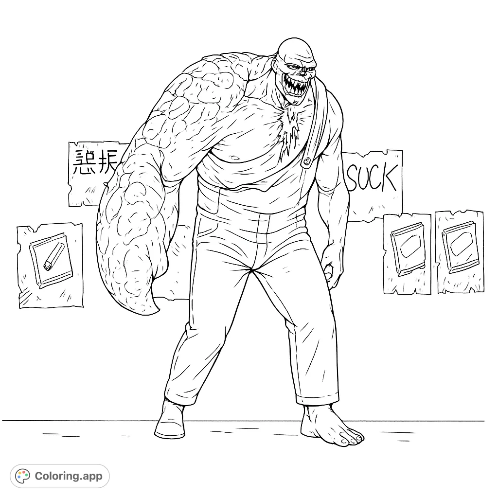 A menacing, muscular mutant monster with a grotesque large arm and sharp teeth, standing in tattered overalls, ready for a thrilling coloring adventure.