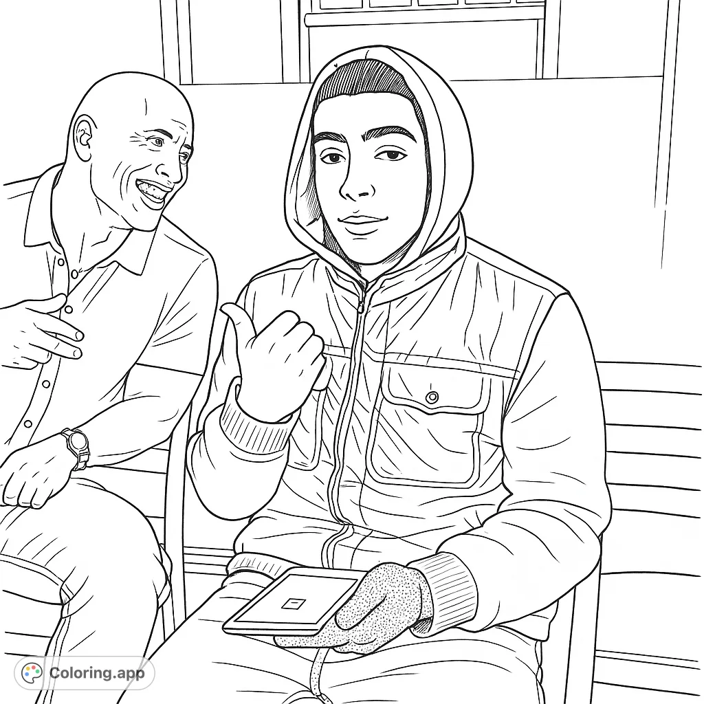 Capture a fun celebrity encounter! This free printable coloring page features a bald man laughing with a hooded young fan giving a thumbs-up.