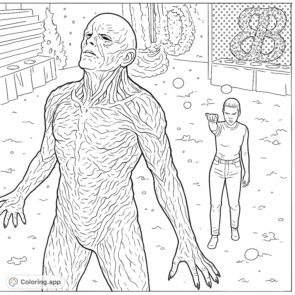 An intense fantasy confrontation between a monstrous, veined figure and a powerful heroine in a desolate, otherworldly landscape. A thrilling scene!