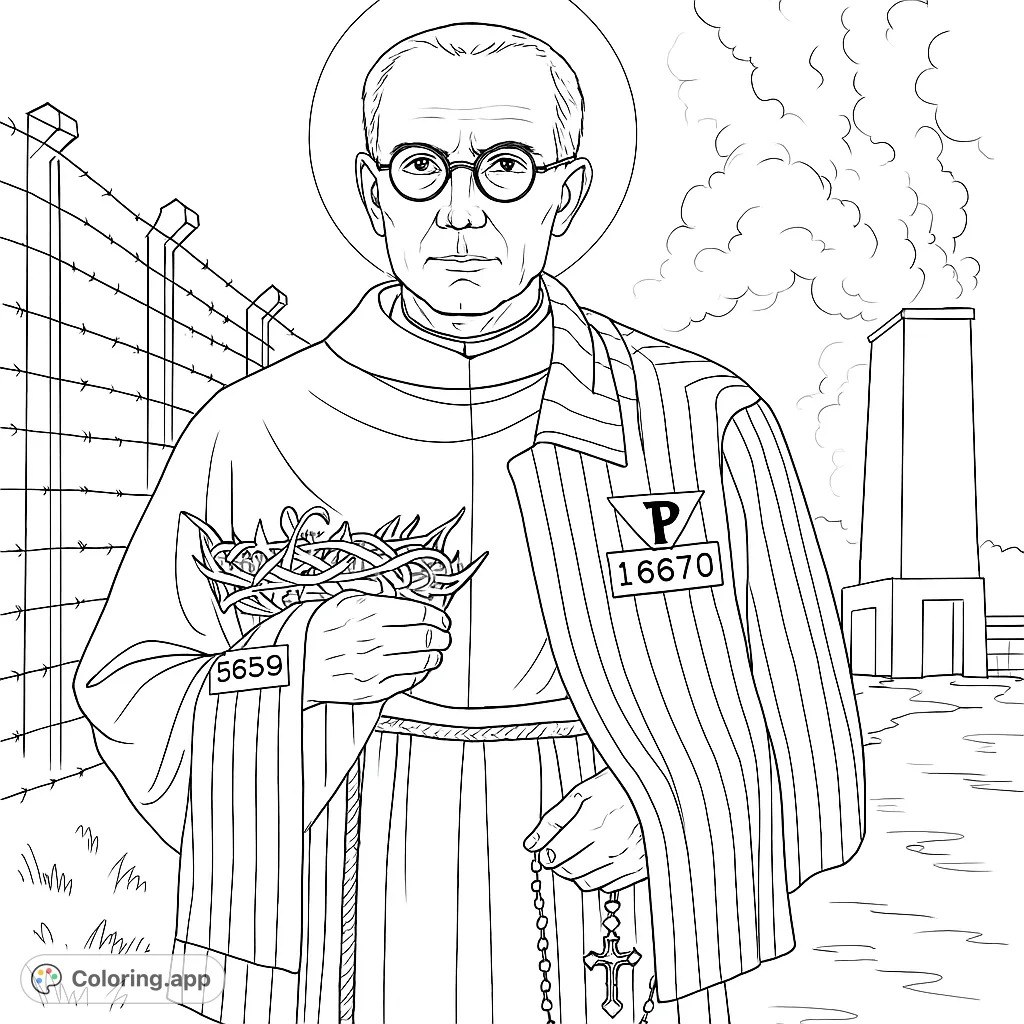 A solemn figure, half cleric, half prisoner, holding a crown of thorns and rosary, against a backdrop of barbed wire and a smokestack.