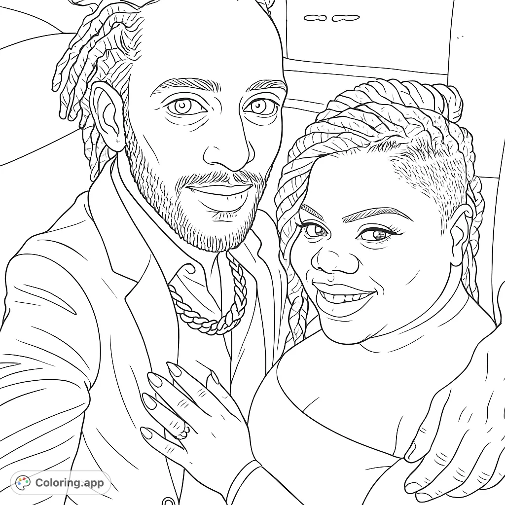 A heartwarming portrait of a smiling couple, perfect for a romantic coloring page. Features intricate hair textures and expressive faces.