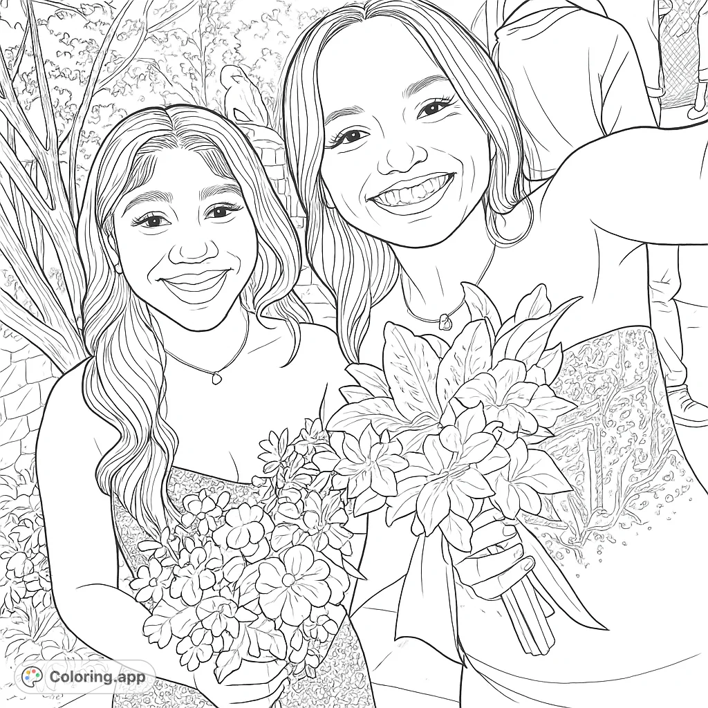 A joyful selfie coloring page featuring two smiling women holding beautiful bouquets, set against a lush outdoor background. Perfect for celebrating friendship!