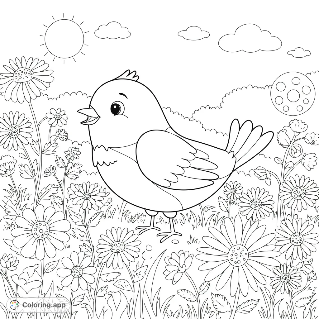 A delightful bird stands in a field of blooming flowers under a sunny sky. A charming free printable bird coloring page for kids and adults.