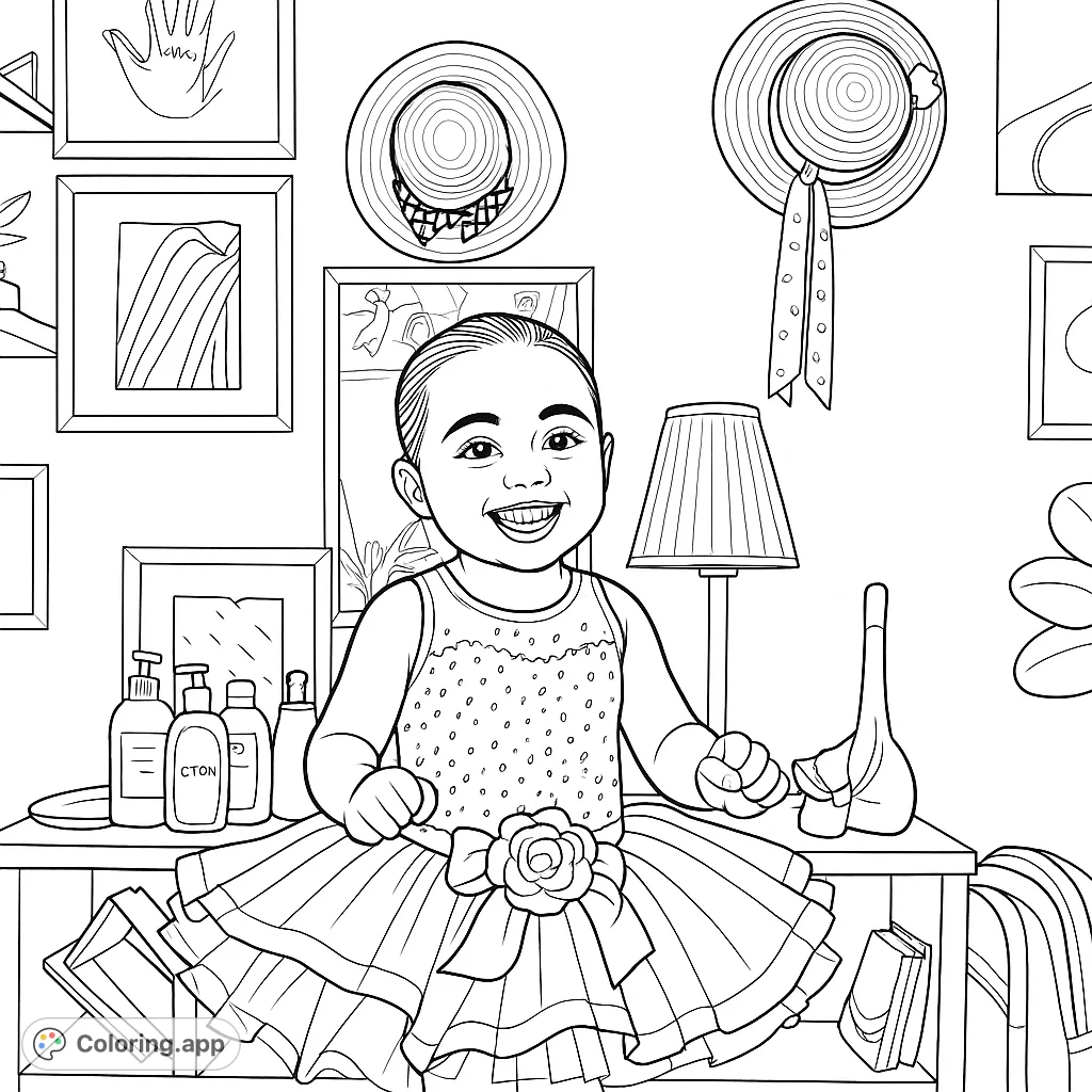 A delightful baby girl in a frilly tutu smiles brightly amidst charming room decor, perfect for a sweet and engaging coloring page.