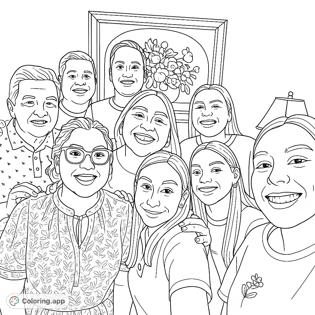 A heartwarming family group portrait, perfect for a family coloring page. Features smiling faces and intricate clothing details for a fun, free printable coloring page.