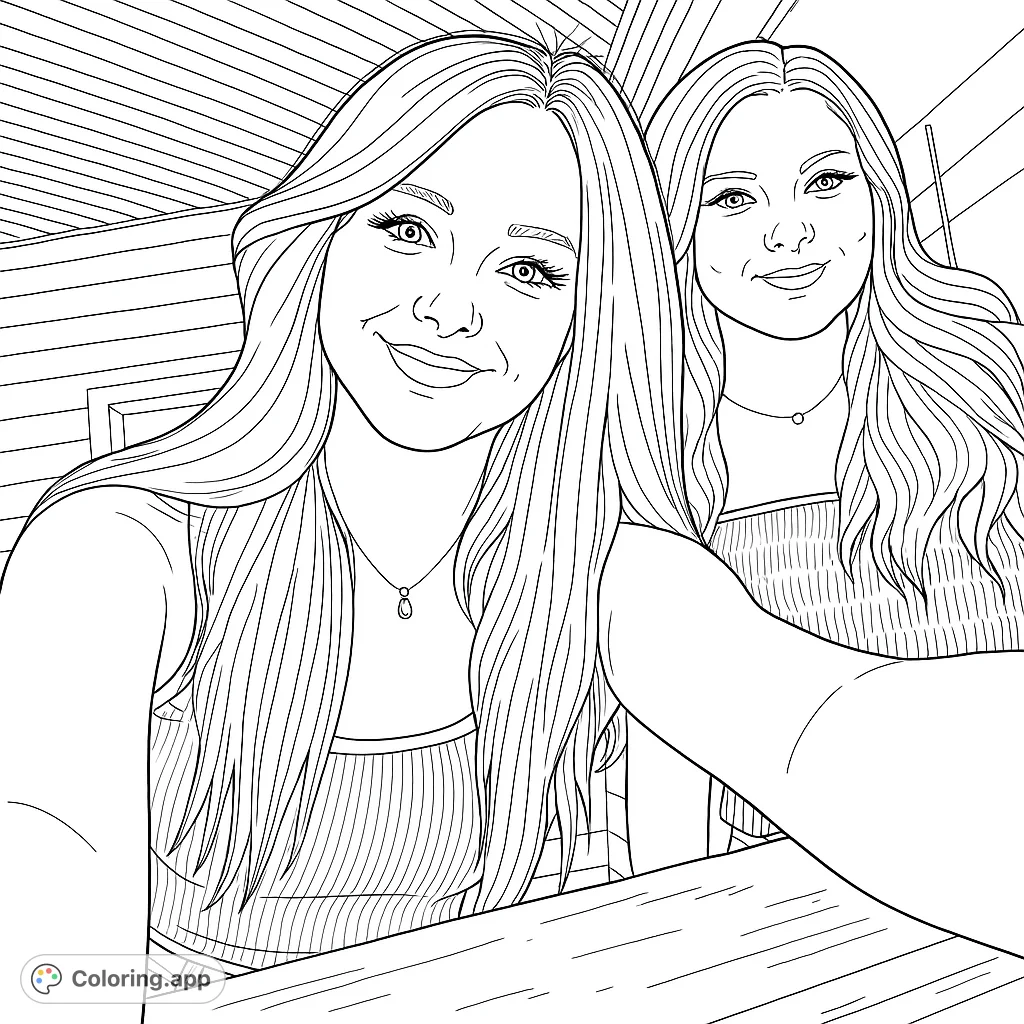 A delightful friends selfie coloring page featuring two smiling women with long hair, perfect for capturing moments of joy and friendship. Free printable for all ages.