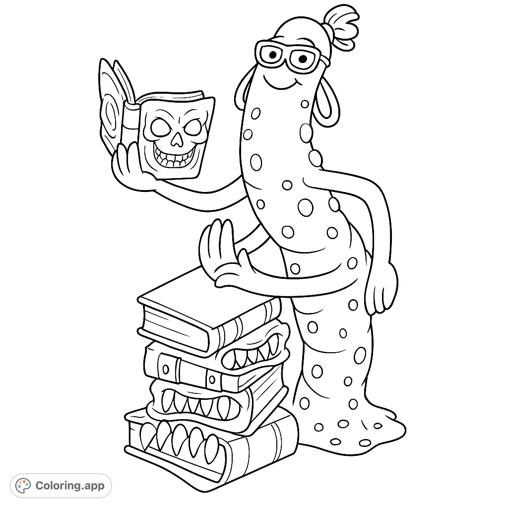 A friendly, spotted monster in glasses reads a skull-faced book, resting a hand on a stack of spooky, toothy monster books. Perfect for imaginative fun!