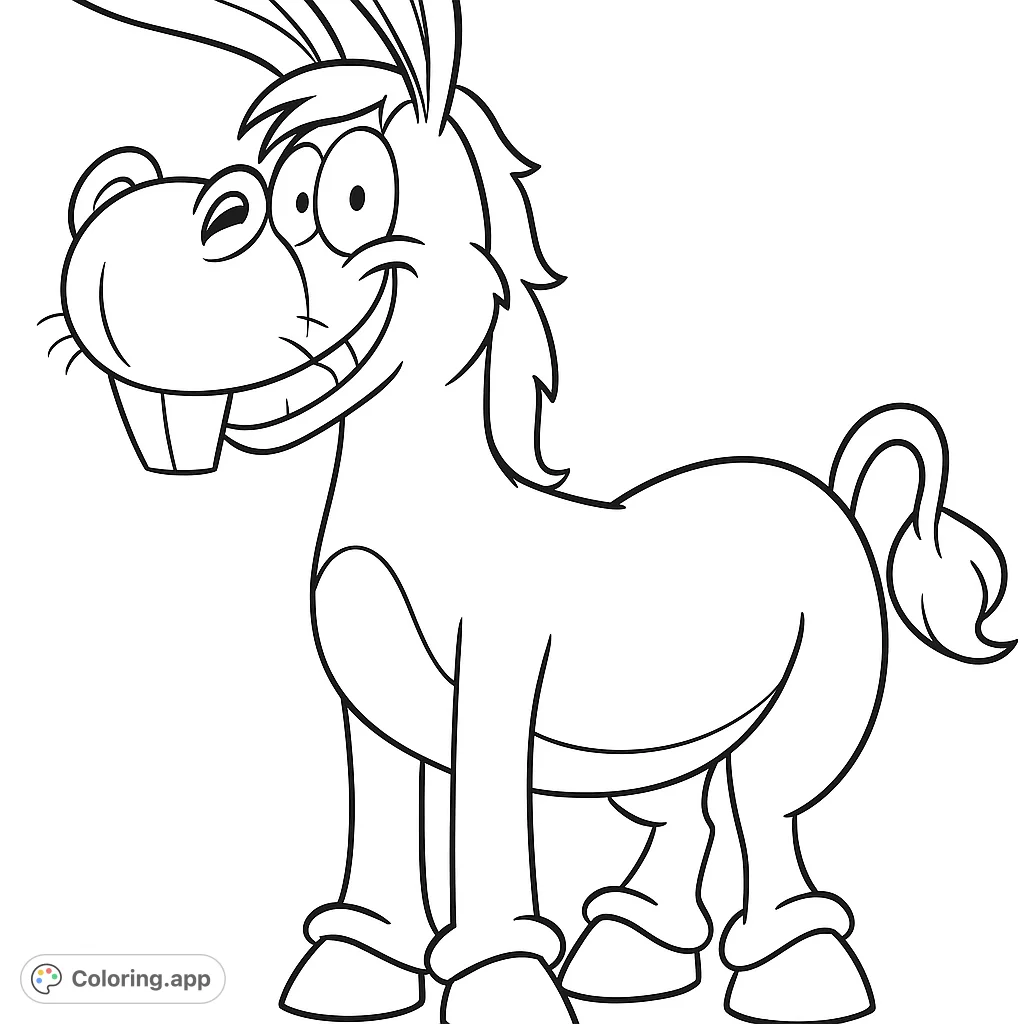 A delightful cartoon donkey coloring page featuring a wide, goofy smile and big, friendly eyes, perfect for young artists to bring to life.