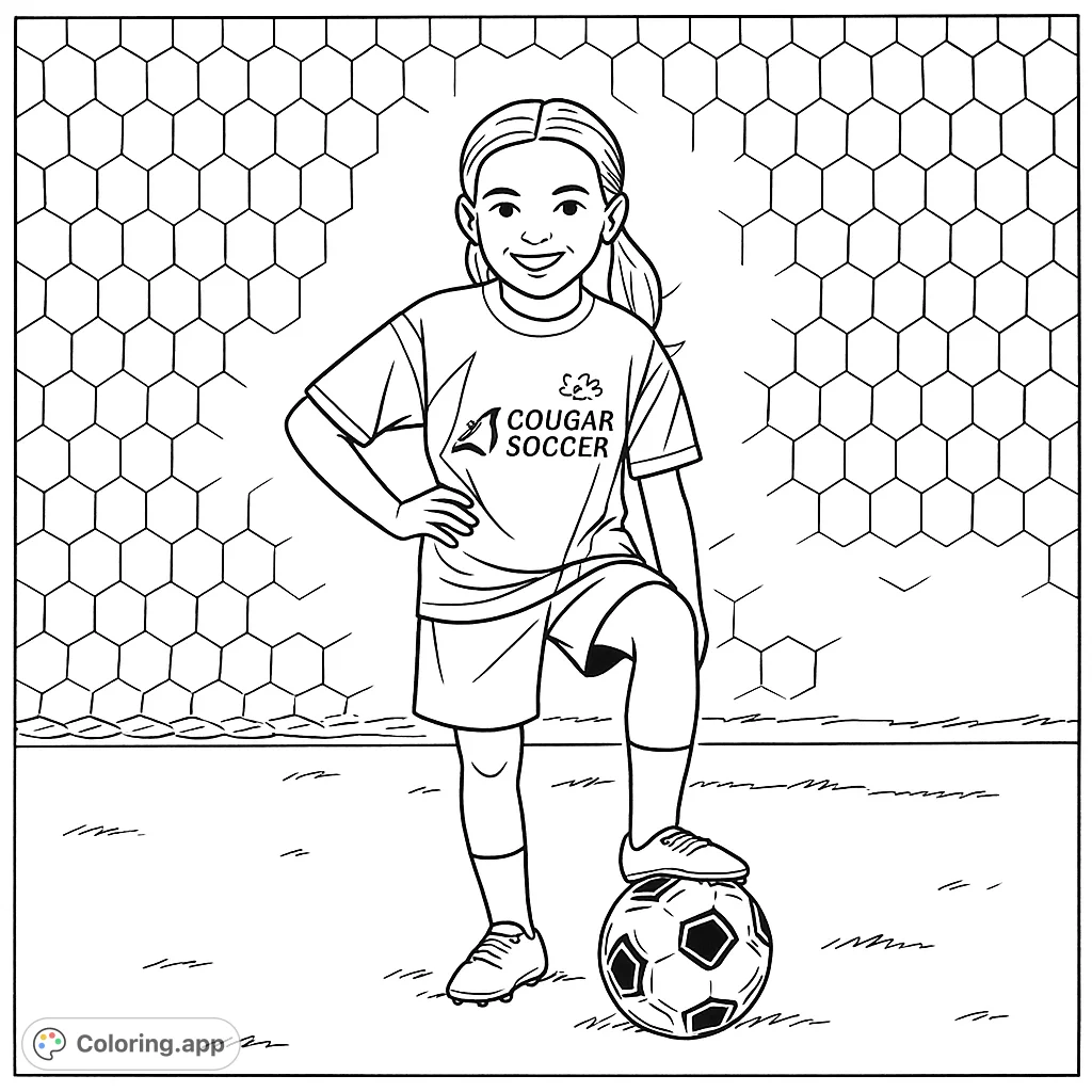 A cheerful young soccer player stands proudly with her foot on a ball, ready for action on the field. Perfect for sports fans!