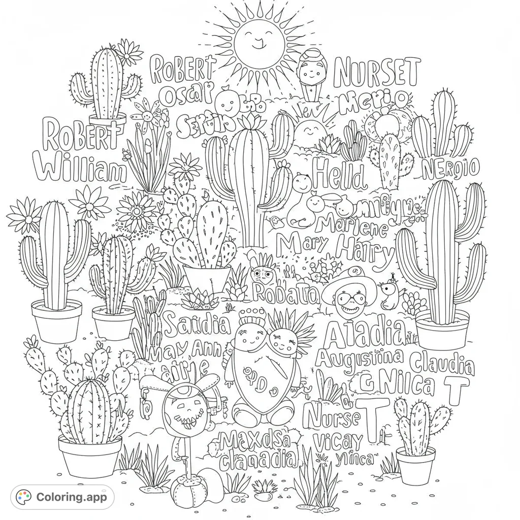 A charming cactus garden coloring page featuring various succulents, potted plants, and whimsical characters, with names integrated into the design.
