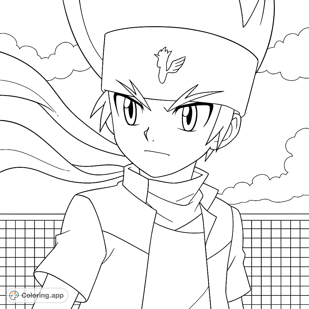 A determined anime boy with spiky hair and a flowing scarf, ready for action. Perfect for an anime character coloring page, free printable for all ages.