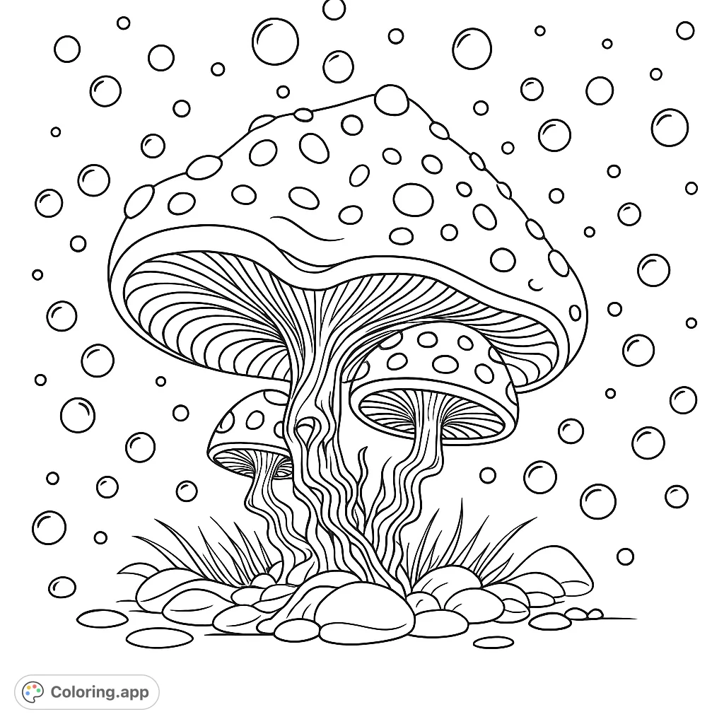 A whimsical mushroom coloring page featuring a large central mushroom surrounded by smaller ones, all with spotted caps and detailed gills, amidst floating bubbles.
