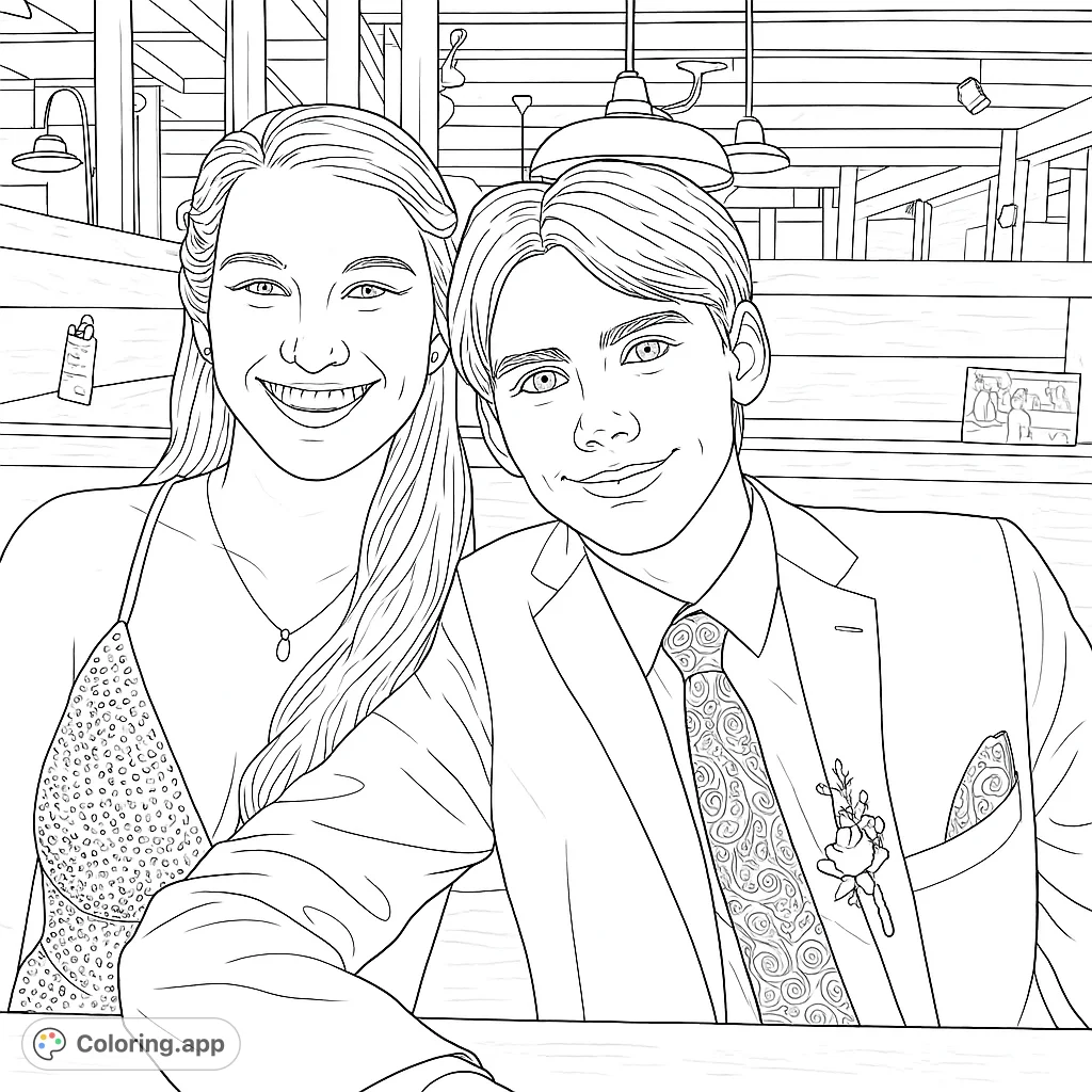 A charming free printable couple's portrait coloring page featuring a smiling young woman and man in formal attire, perfect for all ages.