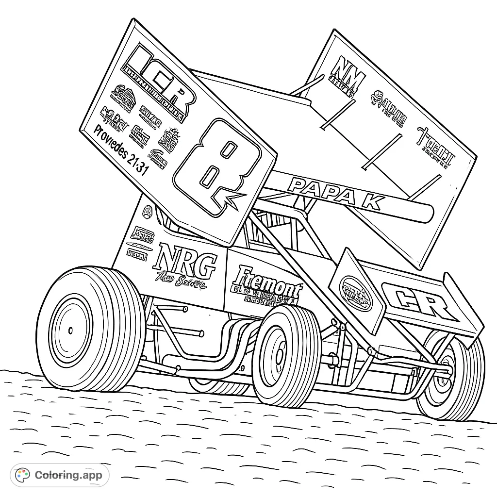 Unleash speed with this detailed sprint car coloring page! Perfect for racing fans, featuring a powerful vehicle ready for the dirt track.