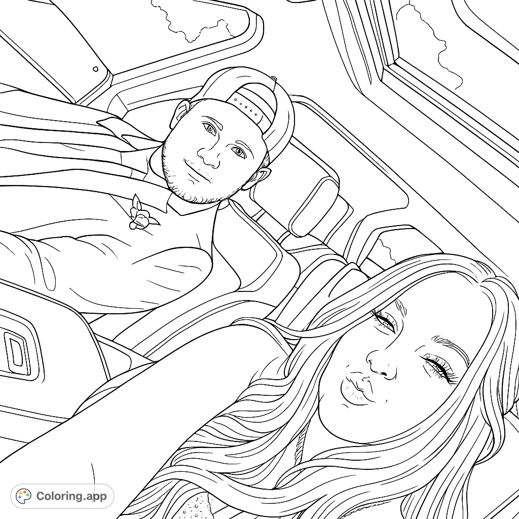 A fun car selfie coloring page featuring a couple on a road trip, perfect for personalizing with vibrant colors. Free printable coloring page for all ages.