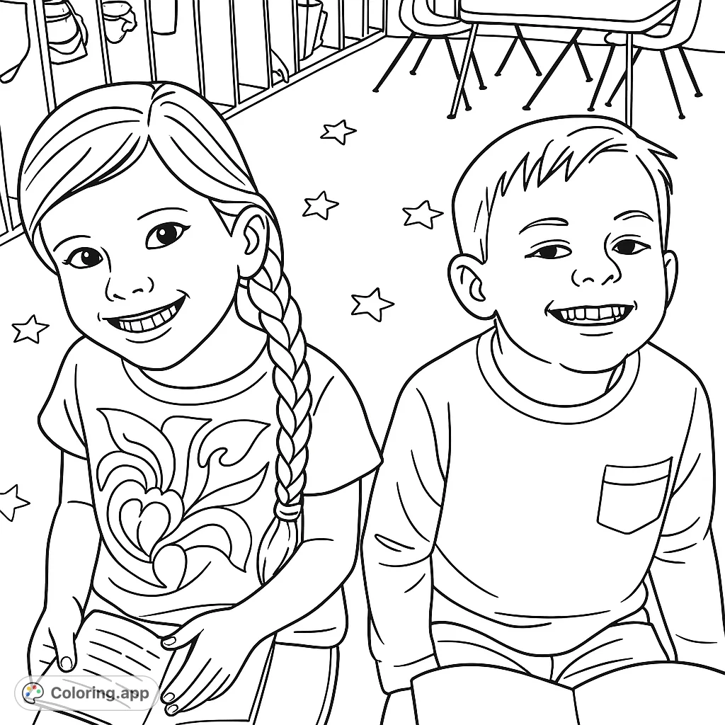 Two happy children reading books in a classroom, surrounded by stars. A free printable reading coloring page for kids, perfect for learning fun.
