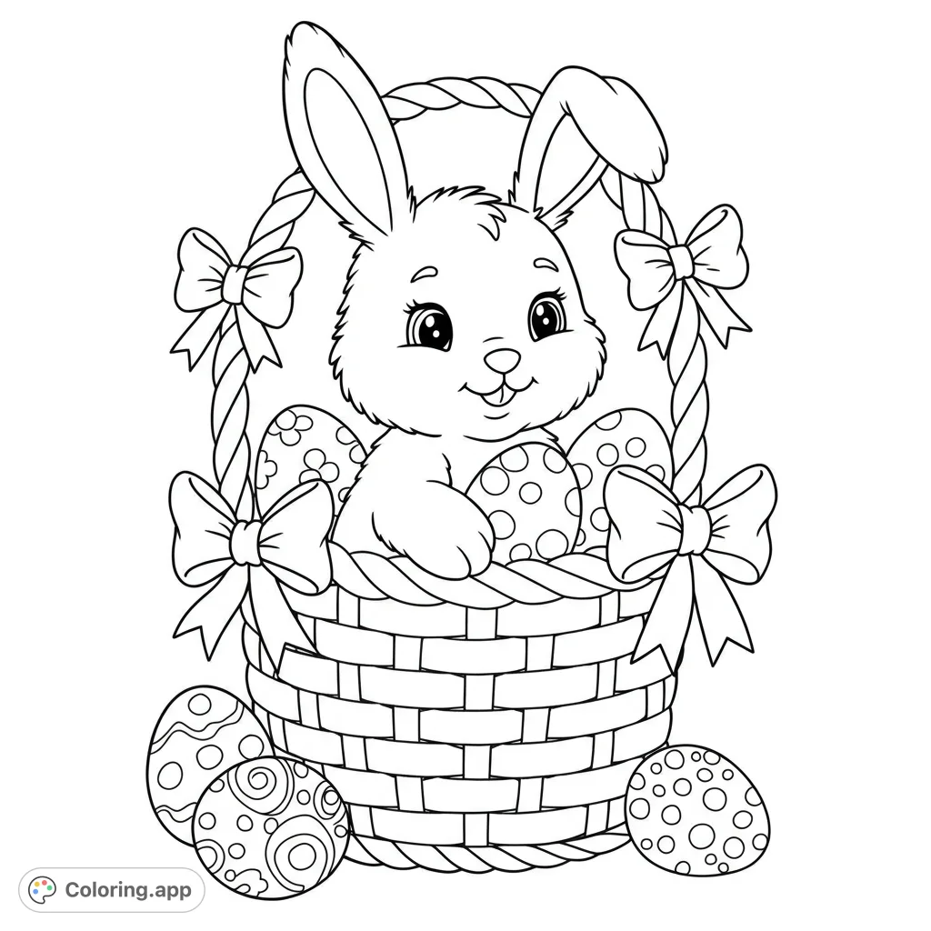 An adorable bunny peeks from a woven Easter basket filled with patterned eggs and bows. A charming free printable Easter coloring page for kids and adults.