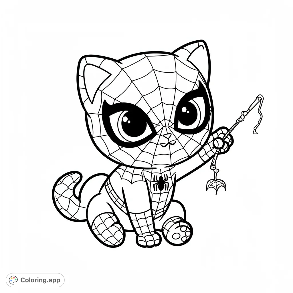 A super cute Spider-Cat coloring page, featuring an adorable feline hero in a web-patterned suit, holding a web-shooter. Perfect for superhero fans!