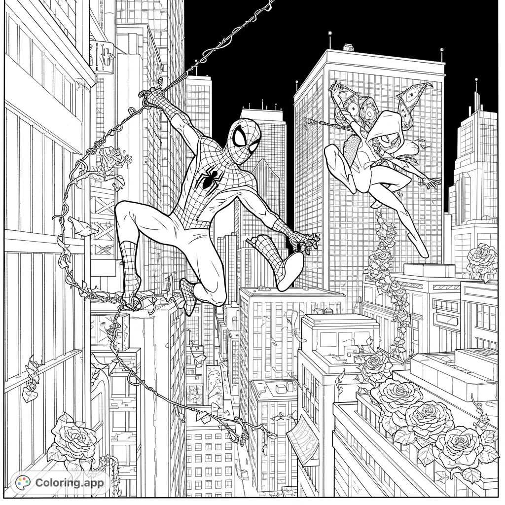Join Young Spidey, Ghost Spider, Spin, and Trace-E in a thrilling urban night adventure. This dynamic Spidey and His Amazing Friends coloring page captures heroic action across a detailed cityscape.