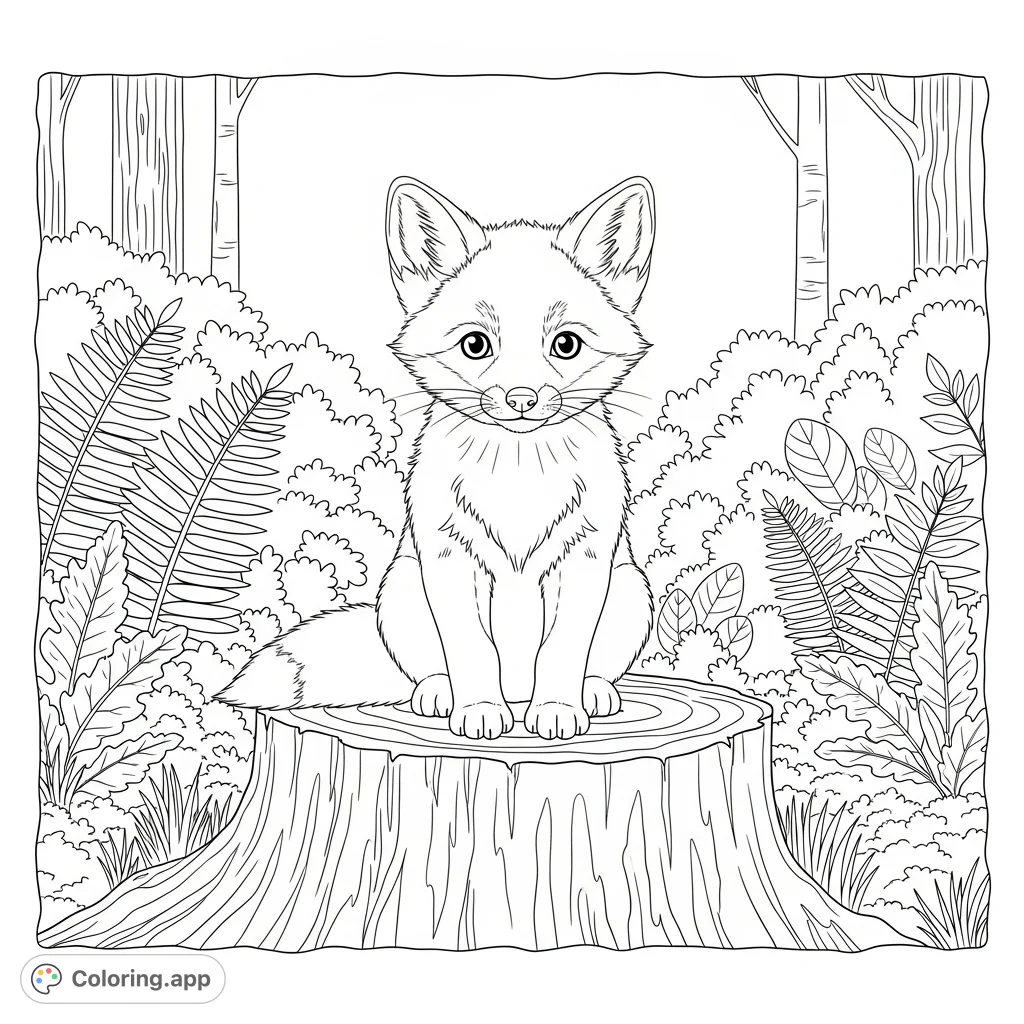A charming baby fox sits on a weathered stump, gazing forward with innocent eyes, surrounded by a lush forest. A delightful free printable coloring page.