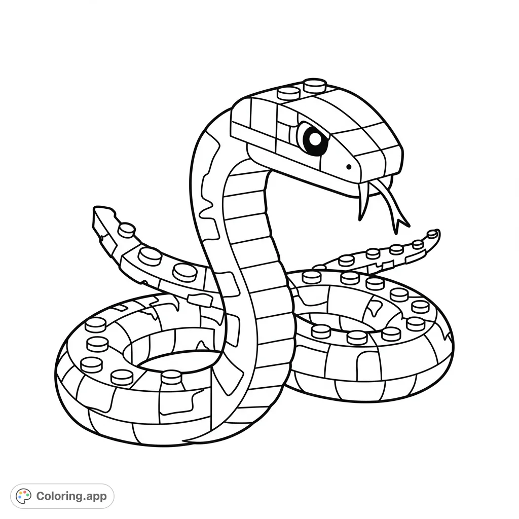 A unique block-built snake coloring page, coiled and ready for vibrant colors. Perfect for fans of building toys and creative animal designs.