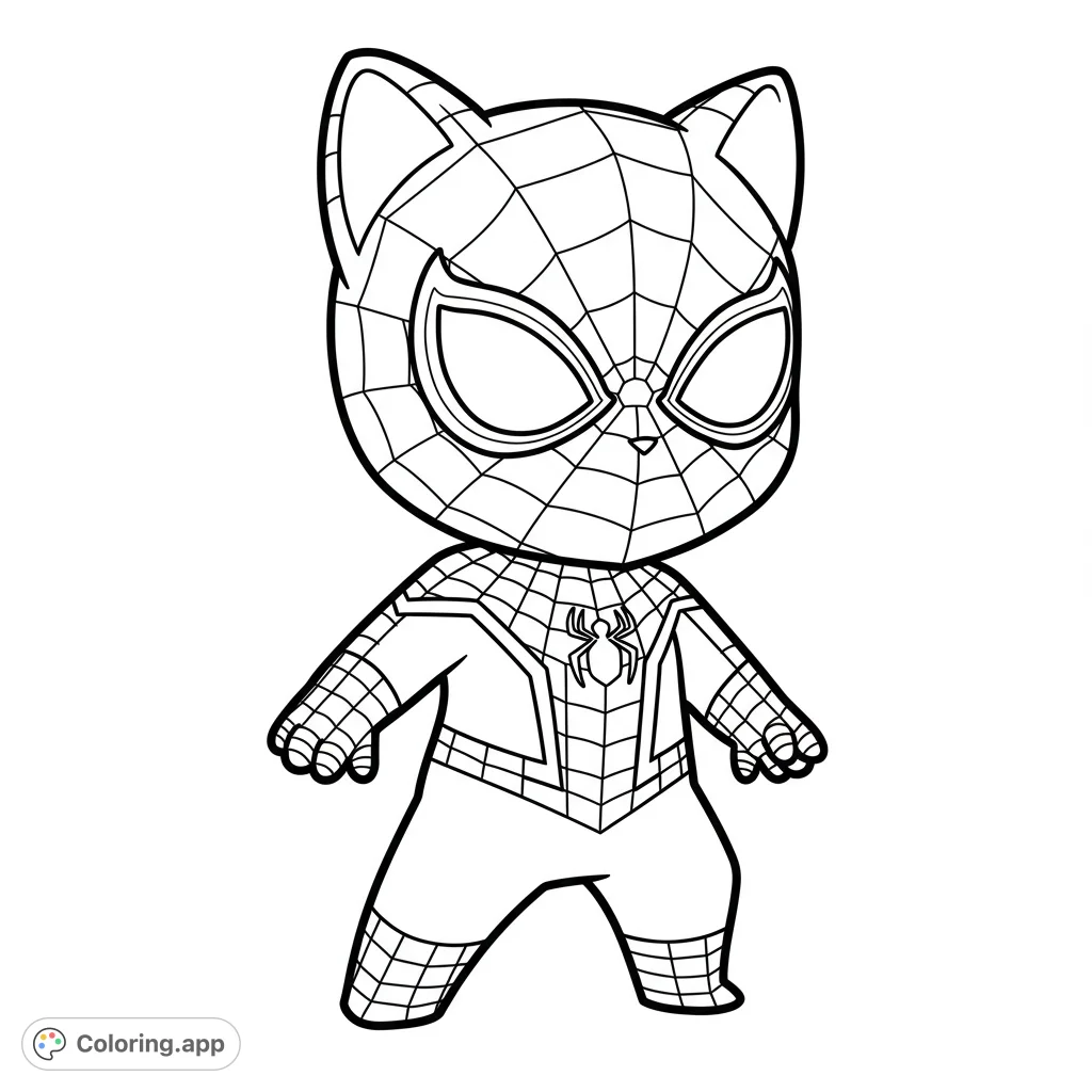 An adorable chibi Spider-Cat in a classic webbed suit, ready for action. This free printable superhero coloring page is perfect for kids and adults alike!