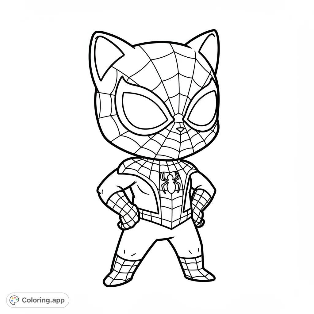 An adorable chibi superhero cat coloring page, featuring a web-slinging feline hero in a classic suit. Free printable for kids and adults!