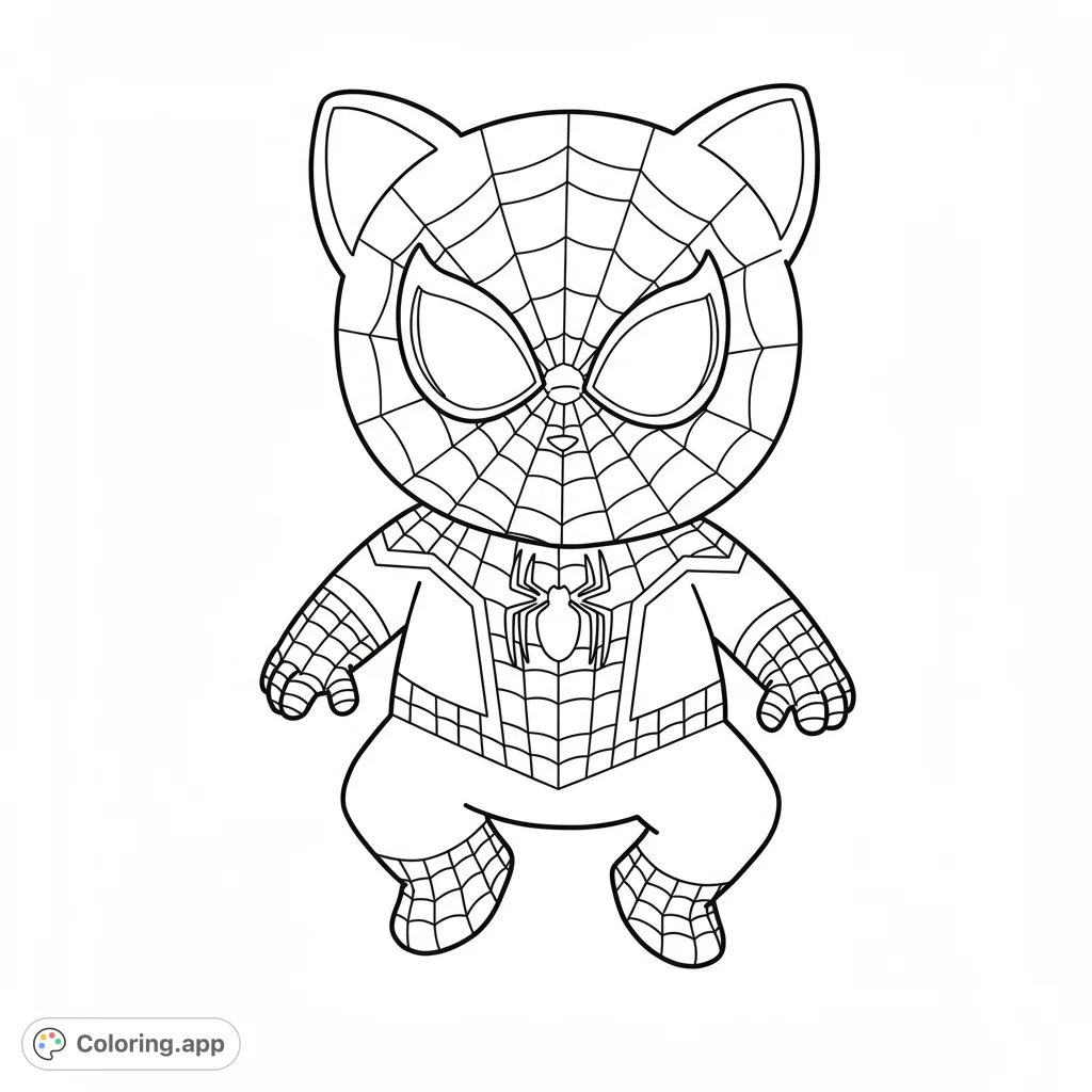 Adorable chibi cat dressed as a superhero, featuring intricate web patterns and a bold spider emblem. A fun, free printable coloring page for all ages.