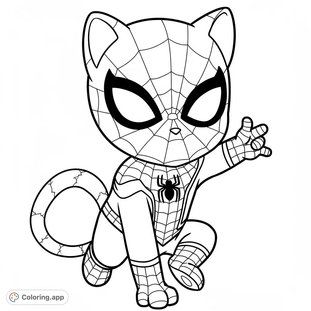 An adorable chibi cat in a detailed superhero suit, ready for action. This free printable superhero cat coloring page is perfect for all ages.
