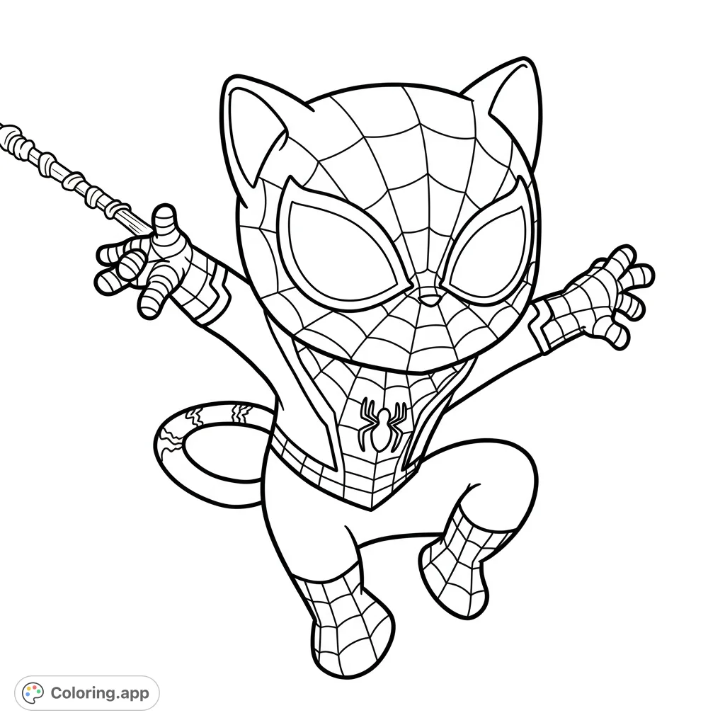 An adorable chibi cat hero in a Spider-Man suit, leaping into action with intricate web details. A fun, free printable superhero cat coloring page for kids and fans.