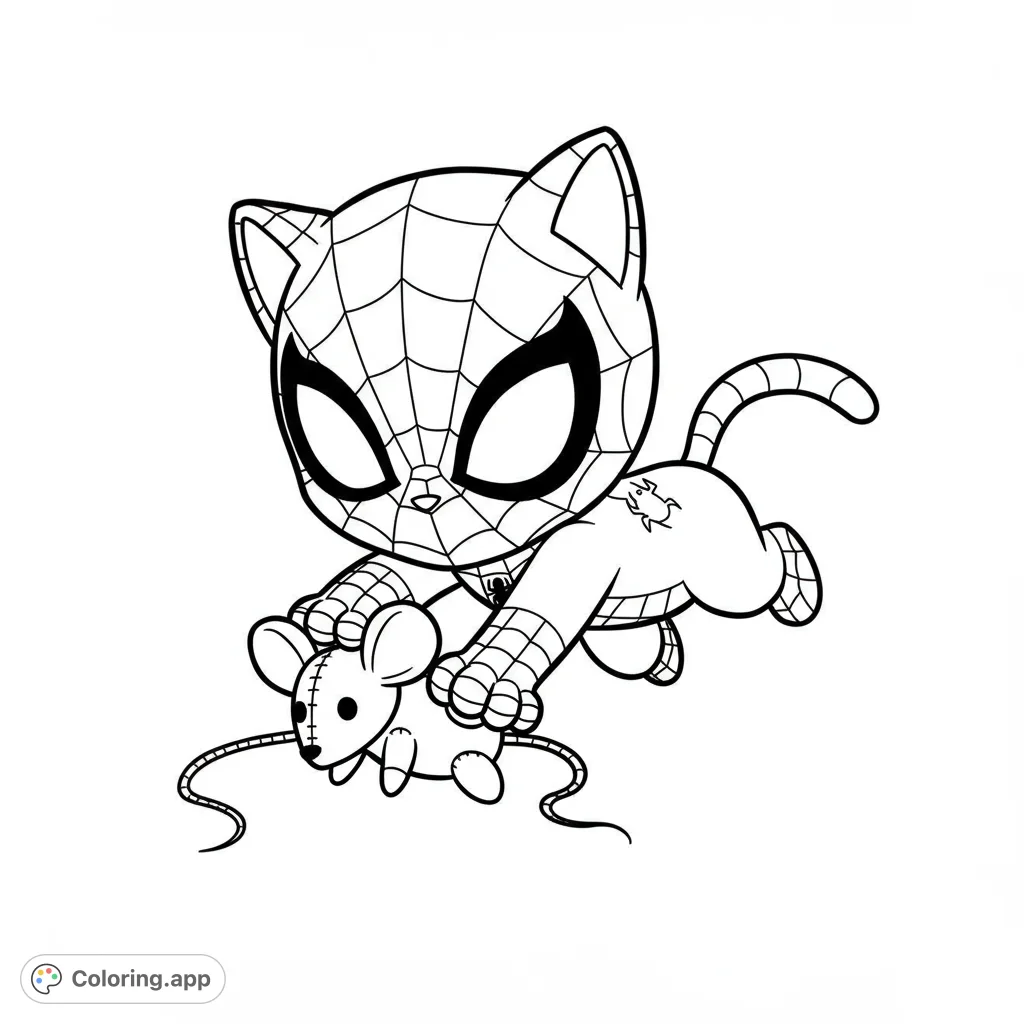 Adorable chibi Spider-Cat pounces on a toy mouse in this fun, free printable superhero cat coloring page. Perfect for kids and fans of cute heroes!