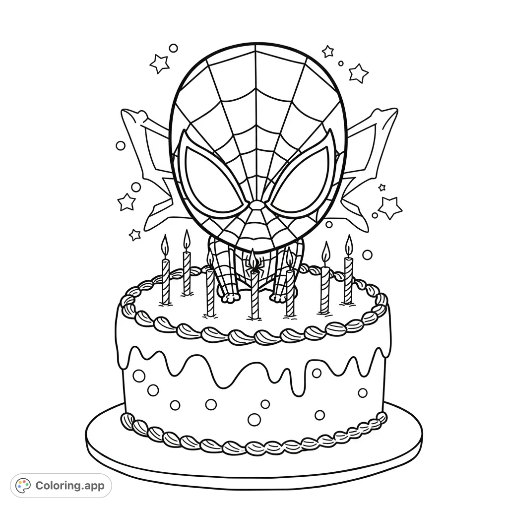A delightful chibi superhero sits on a festive birthday cake with candles and sprinkles. A fun, free printable superhero coloring page for kids and fans!