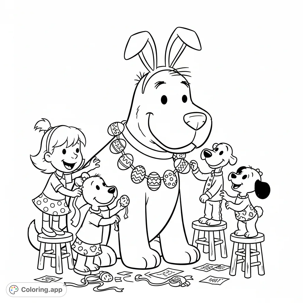 Join Emily Elizabeth, T-Bone, and Cleo as they playfully decorate Clifford for Easter with eggs and bunny ears. A delightful free printable coloring page!