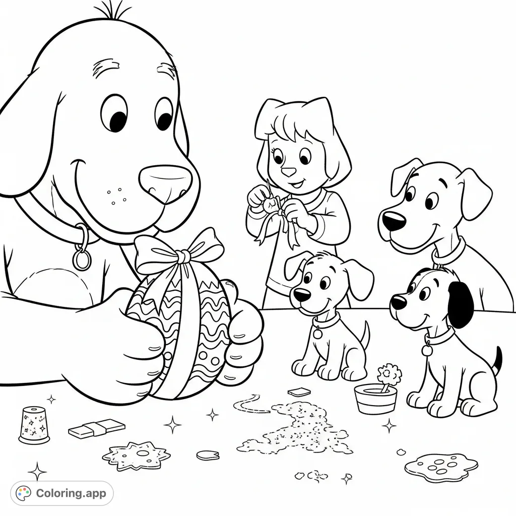 Clifford and friends celebrate Easter! Watch Clifford gently hold a patterned egg while Emily Elizabeth adds a ribbon, surrounded by craft supplies.