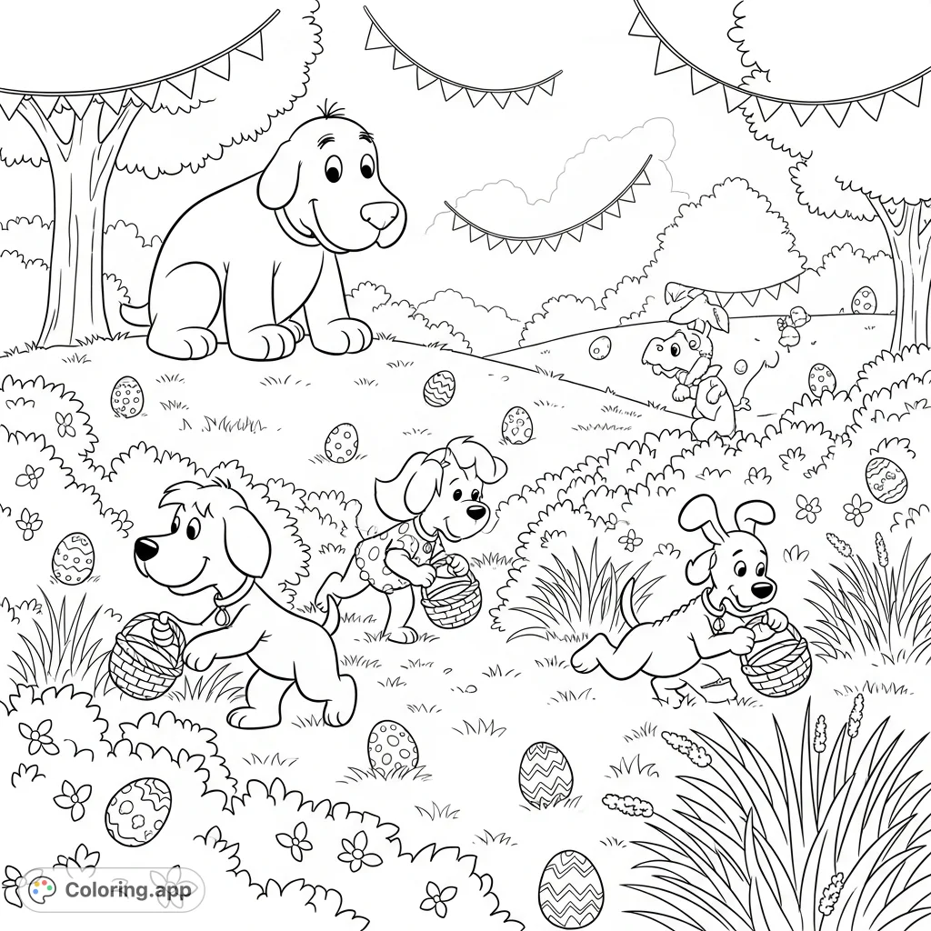 Join Clifford, Emily Elizabeth, T-Bone, and Cleo in a joyful Easter egg hunt in the park. Search for decorated eggs among bushes and tall grass.
