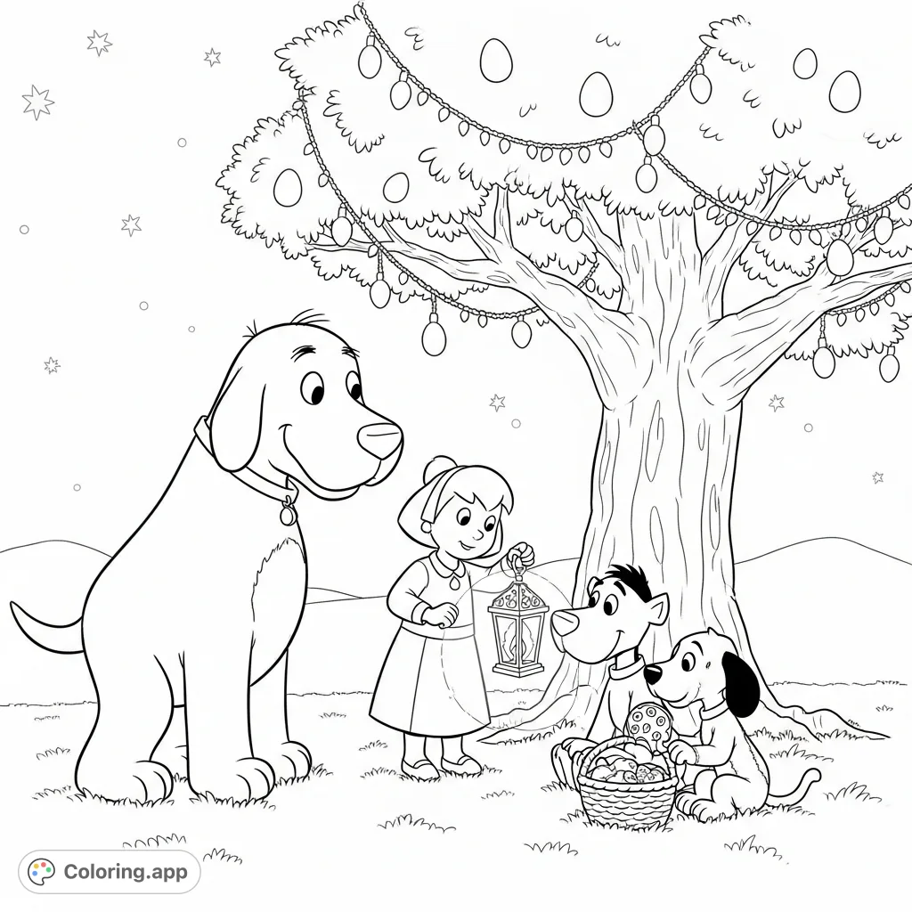 Clifford and friends enjoy a magical Easter evening under a starlit sky, sharing treats by a glowing oak tree. A charming scene for young colorists.