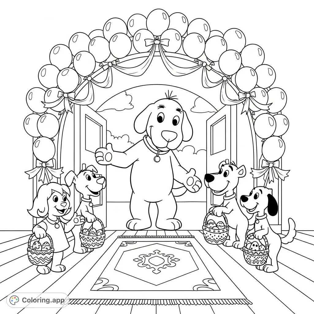 Clifford and friends welcome guests to a festive community hall, with balloons, ribbons, and Easter baskets. A charming scene for all ages.