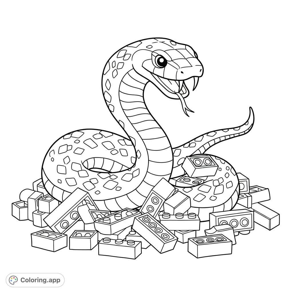 A playful snake coils atop a pile of building blocks, ready for vibrant colors. A fun, free printable snake coloring page for kids and adults.