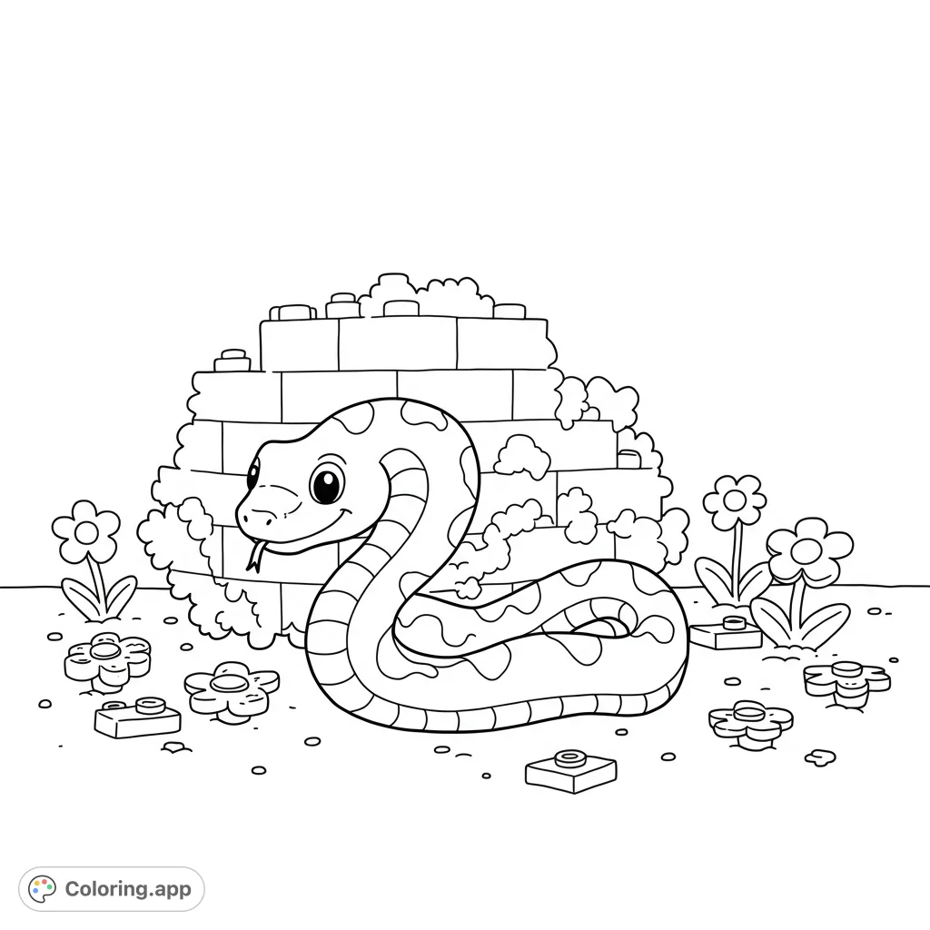 A playful Lego snake peeks from a blocky Lego bush in a Lego garden. Features small Lego flowers.