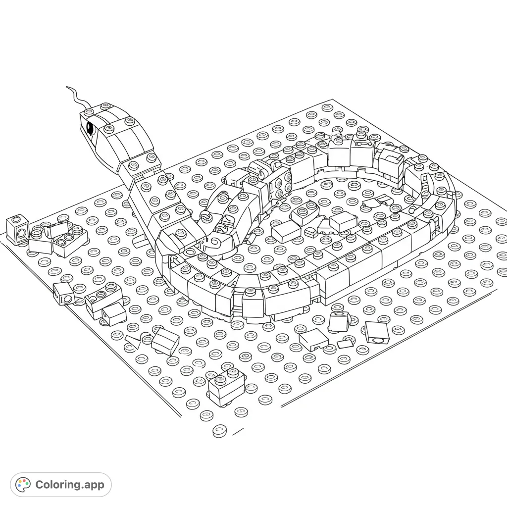 A detailed black and white line drawing of a Lego snake winding across a baseplate. Features scattered bricks and clean lines for easy coloring.