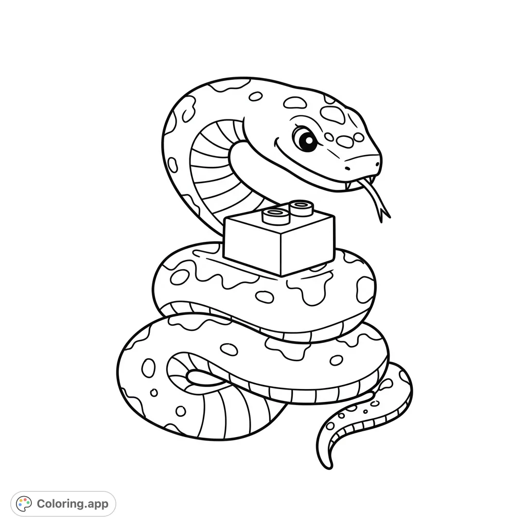 Coiled Lego snake with fangs around a large brick. Fun, easy coloring page with clean lines and open spaces.
