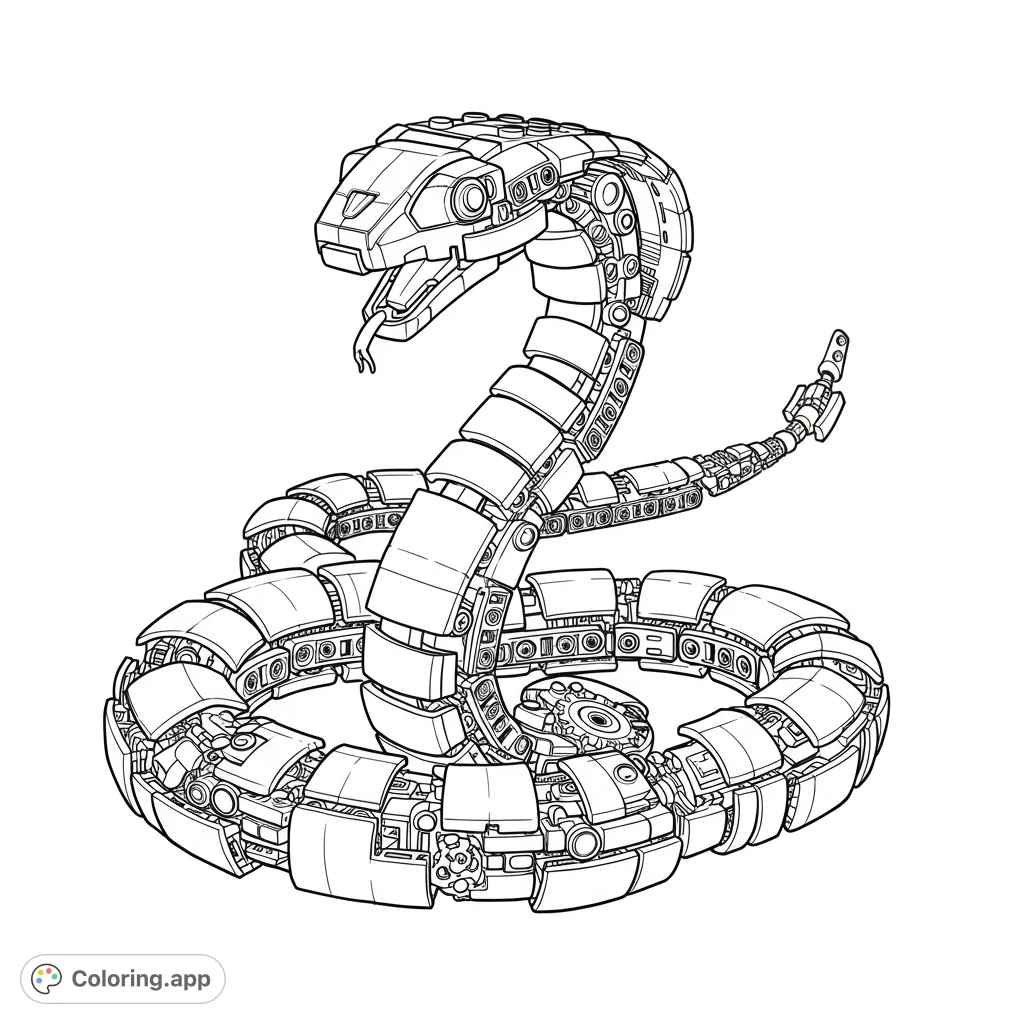 Futuristic Lego snake coloring page. Mechanical, segmented body built with Technic bricks and gears.