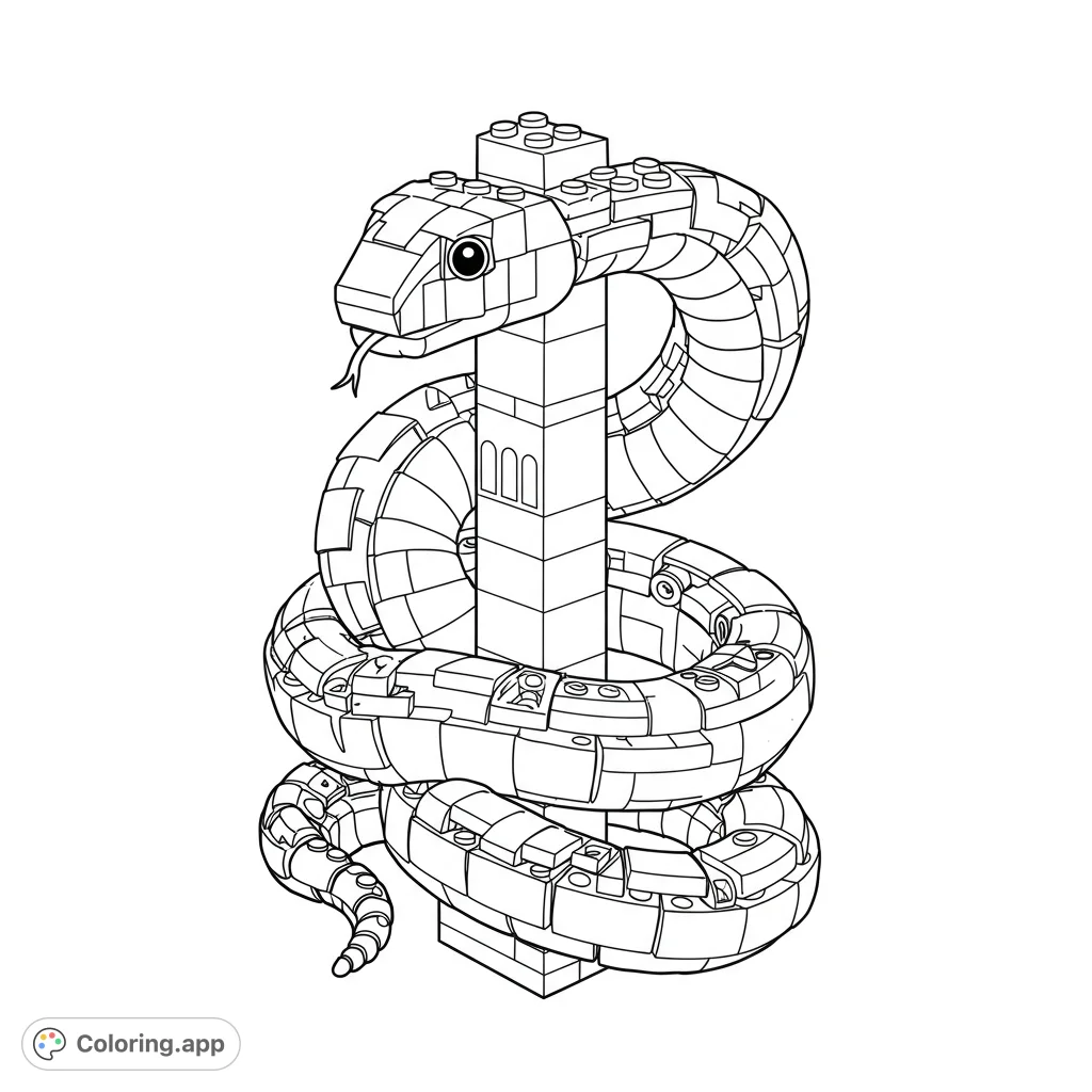 A majestic Lego snake coils around a tall Lego tower in this detailed coloring page. Featuring clean lines, varied brick sizes, and open spaces for creative coloring fun.